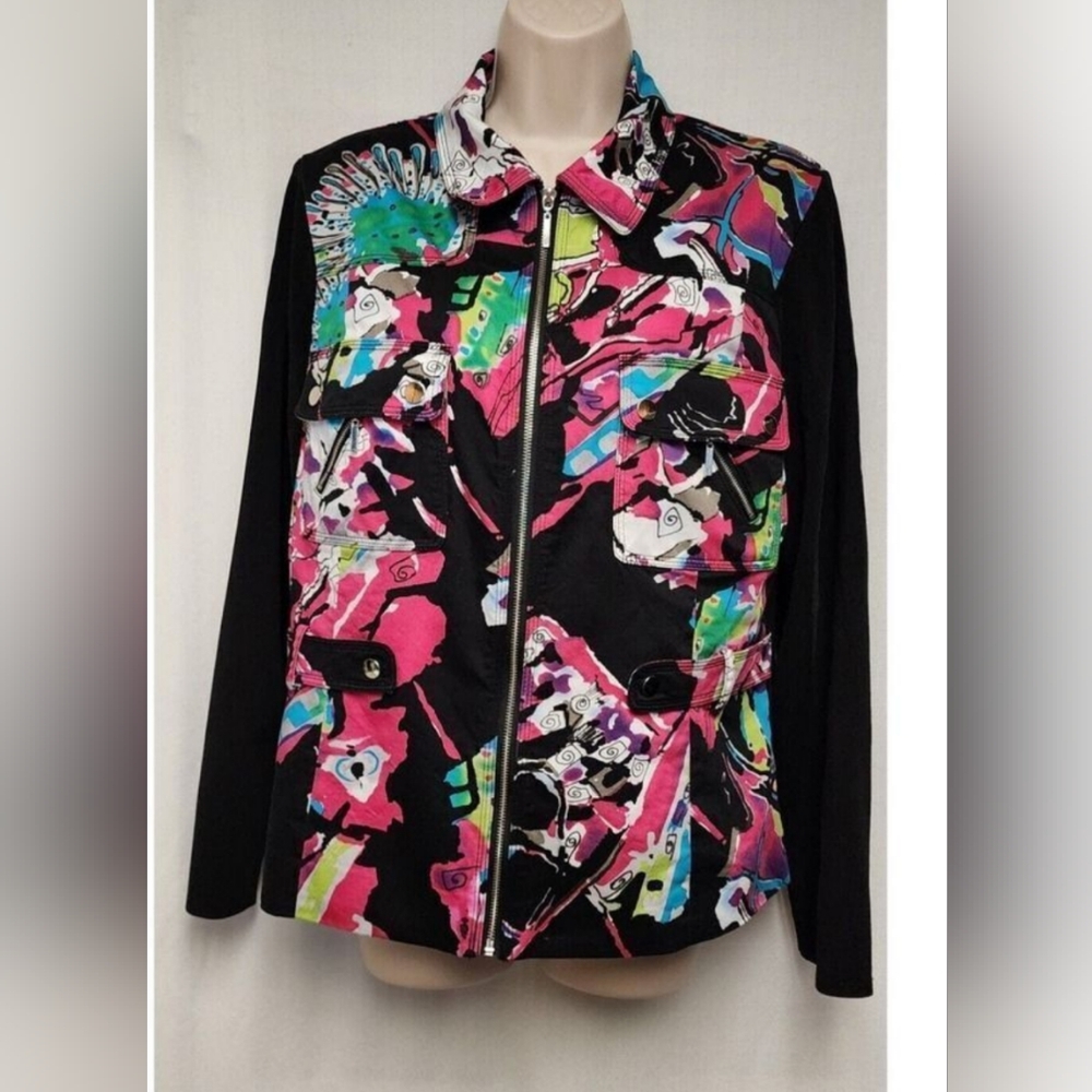 Peter Nygard Front Zipper Black multi of pink green yellow Size L